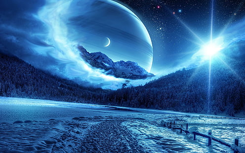 зима, ночь, горы, дорога, планета, фантастический пейзаж, зима, ночь, горы, дорога, планета, фантастический пейзаж, HD обои HD wallpaper
